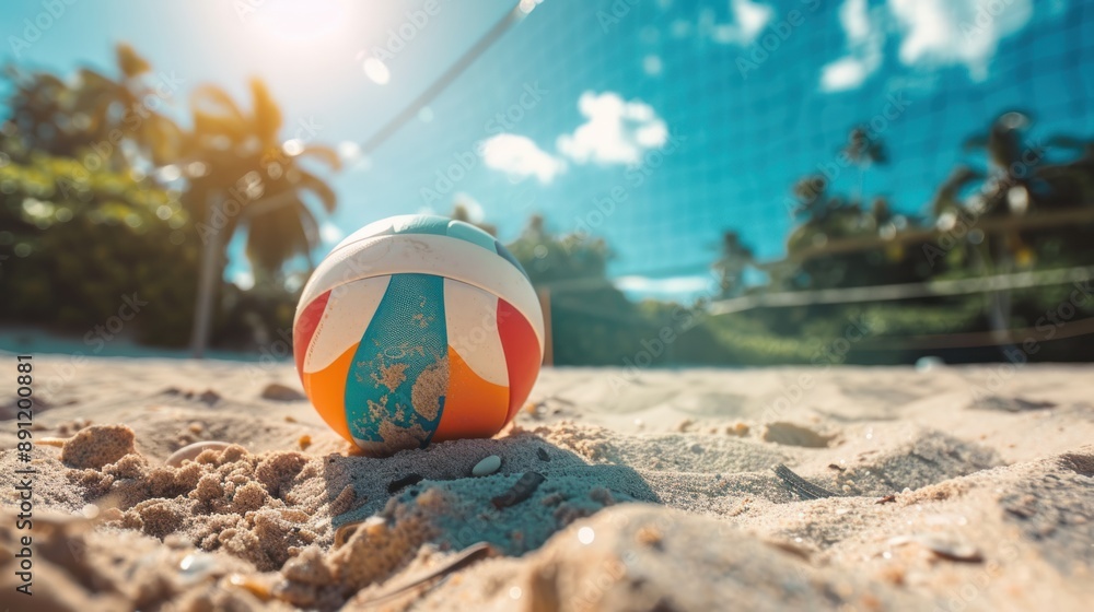 Obraz premium Volleyball court and beach volleyball ball by the sea Beautiful sea and sky background