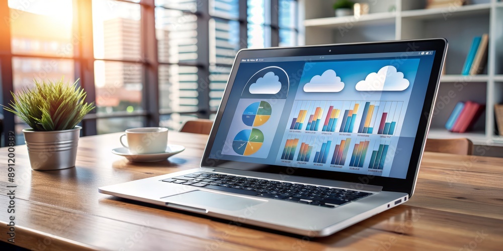 Modern computer laptop displays a dashboard for a cloud-based data management system, showcasing digital files and records stored in a secure online database. Modern computer laptop displays a dashboard for a cloud-based data management system, showcasing digital files and records stored in a secure online database.