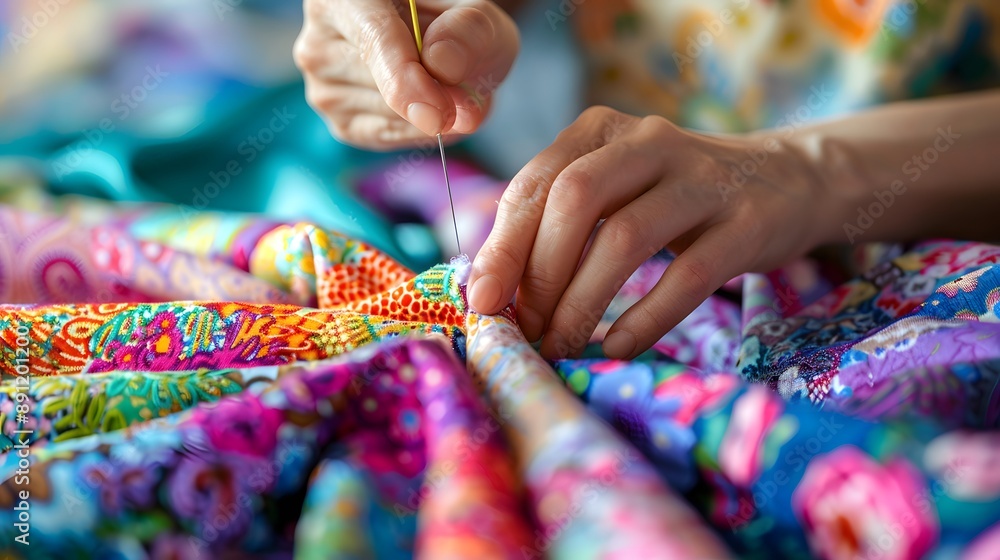 Sewing with Needle and Thread: Hands sewing fabric with needle and thread, with a sewing kit and colorful fabrics on the table.
Sewing with Needle and Thread: Hands sewing fabric with needle and thread, with a sewing kit and colorful fabrics on the table.