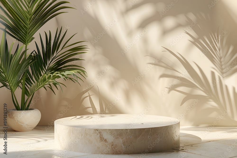 Minimalist Interior with Palm Plants and Stone Pedestal Minimalist Interior with Palm Plants and Stone Pedestal