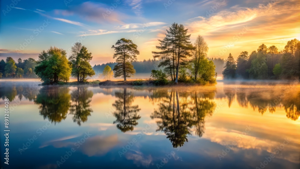 Peaceful lake scenery at dawn, misty fog rising above calm waters, mirrored reflection of surrounding trees and sky, creating a serene and idyllic atmosphere. Peaceful lake scenery at dawn, misty fog rising above calm waters, mirrored reflection of surrounding trees and sky, creating a serene and idyllic atmosphere.