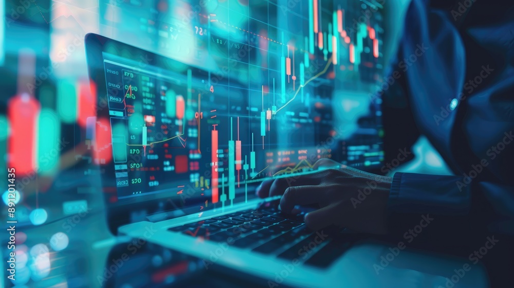 Finance manager analyzing stock market with candlestick stock market chart uptrend line and indicators on laptop screens,generative ai Finance manager analyzing stock market with candlestick stock market chart uptrend line and indicators on laptop screens,generative ai