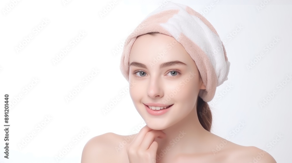 close up head of cute teen women spa healthy skin, Head towel,both hands touch cheek isolated on white background ,generative ai close up head of cute teen women spa healthy skin, Head towel,both hands touch cheek isolated on white background ,generative ai