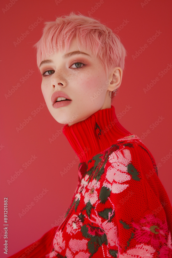 Beautiful young woman modeling a floral jumper in red Beautiful young woman modeling a floral jumper in red