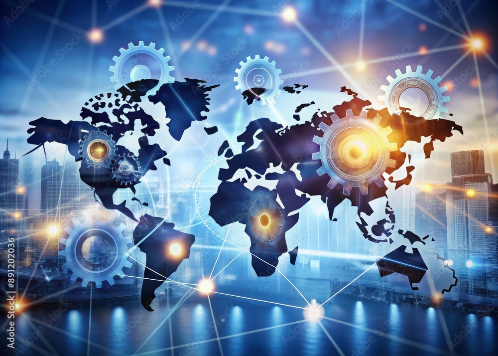 Global network of connected devices and gears illustrating corporate strategy, innovation, and technological growth amidst a blurred competitive market landscape. Global network of connected devices and gears illustrating corporate strategy, innovation, and technological growth amidst a blurred competitive market landscape.
