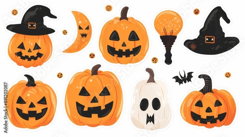 Vibrant Collection of Rhinestone Halloween Stickers Featuring Glittery Pumpkins, Bats, and Spiders on a Stark White Background