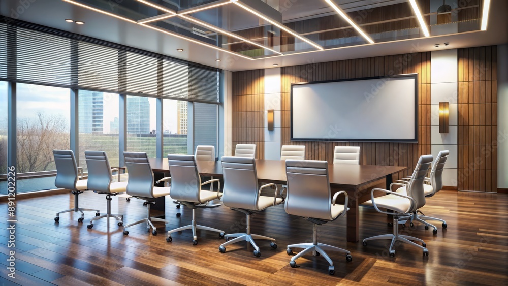 Successful business presentation concept with empty meeting room, blank projection screen, and chairs, conveying sense of achievement and effective communication strategy. Successful business presentation concept with empty meeting room, blank projection screen, and chairs, conveying sense of achievement and effective communication strategy.