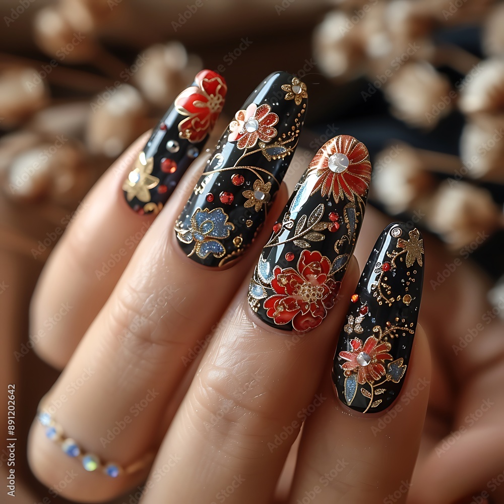 Female hand with beautiful manicure and black nail design. Nail art. Female hand with beautiful manicure and black nail design. Nail art.