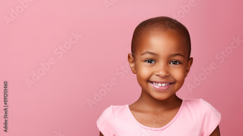 Portrait of smiling cute African American child girl with short haircut problems, pink background, banner.