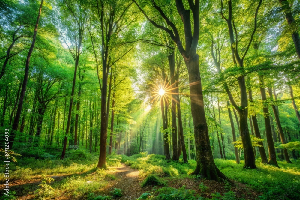 Obraz premium Vibrant green foliage of a dense forest frames a serene clearing, bathing in warm sunlight, with lush trees and foliage, evoking a sense of peaceful harmony.