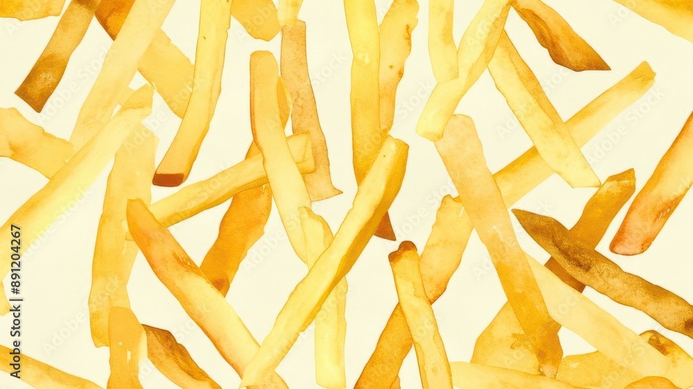 A colorful illustration of golden French fries scattered on a light background, perfect for food-related designs. A colorful illustration of golden French fries scattered on a light background, perfect for food-related designs.