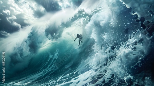 Surfing Big Wave A_ surfer riding a massive wave capture