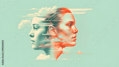Multiple portrait illustration art of a human compound with unique abstract graphic design style, representing states of mind and deep emotion. Combines and merge together of thought and personality.