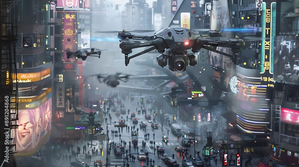 An advanced drone with integrated cameras and sensors patrolling a futuristic city filled with neon lights, holographic billboards, and self driving vehicles in busy streets