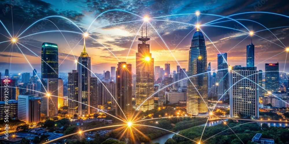 Naklejka premium Futuristic cityscape of interconnected paths weaving a network of innovation, embracing diverse opportunities, as digital silhouettes converge in a vibrant web of corporate connection.