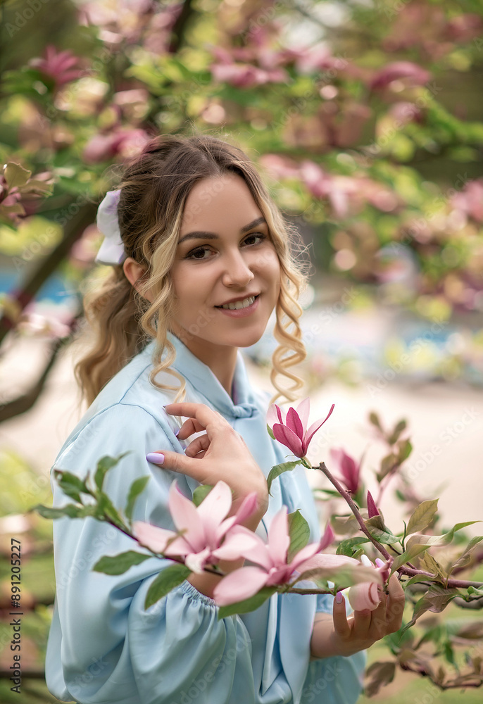 Fototapeta premium A woman with blonde hair smiles while posing with a blooming magnolia tree in the spring