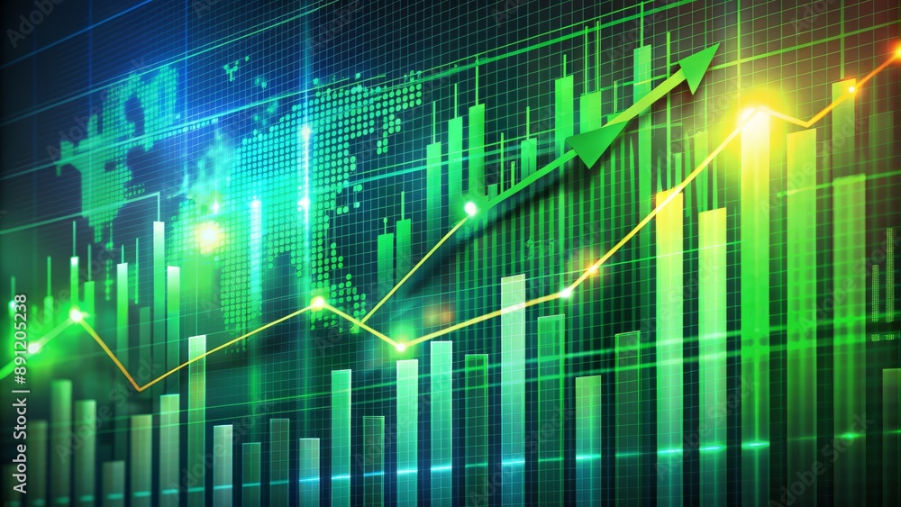 Vibrant digital graph shows ascending business stocks and investment data, with green lines and columns illustrating significant financial profit and market growth trend. Vibrant digital graph shows ascending business stocks and investment data, with green lines and columns illustrating significant financial profit and market growth trend.