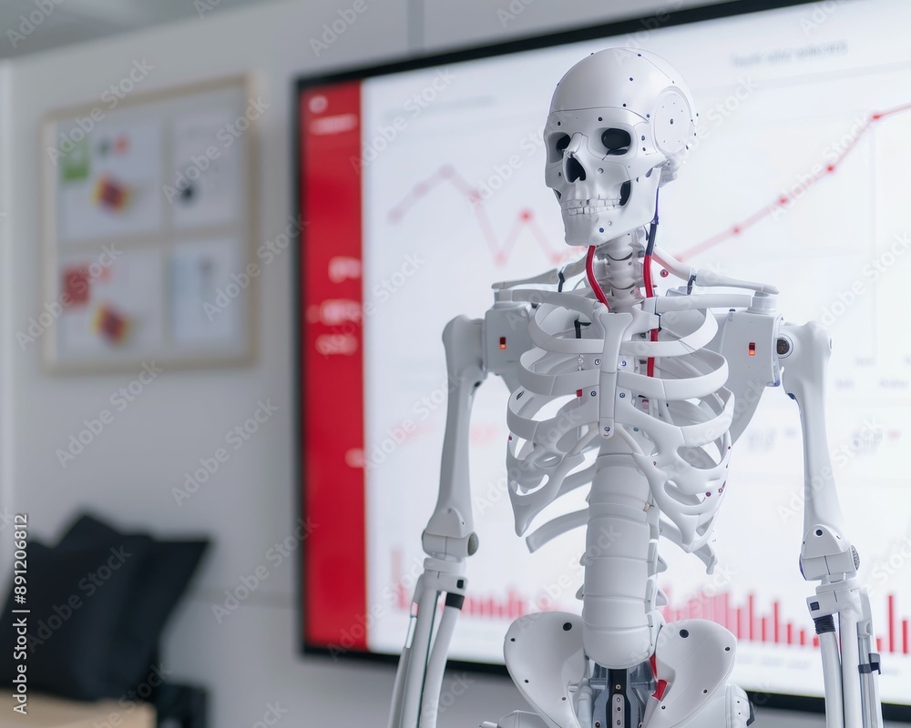 A white skeleton model stands in front of a whiteboard with a red graph. The skeleton appears to be examining the data on the board. A white skeleton model stands in front of a whiteboard with a red graph. The skeleton appears to be examining the data on the board.