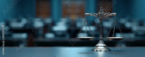 Scales of justice on table in courtroom.