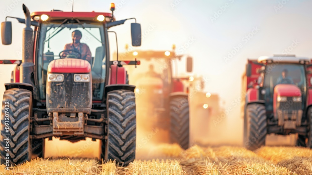 Three tractors in a field during harvest season, working under a clear sky, capturing the essence of modern agriculture and farming machinery. Three tractors in a field during harvest season, working under a clear sky, capturing the essence of modern agriculture and farming machinery.