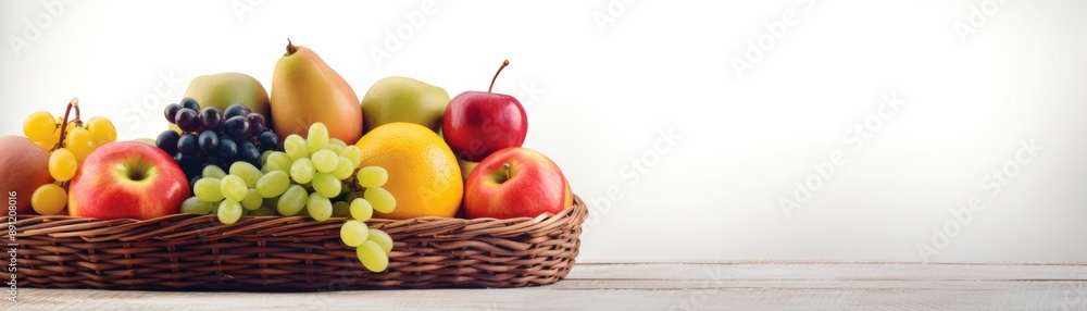 A wicker basket filled with assorted fresh fruits, including apples, grapes, pears, and peaches, on a wooden surface with a white background. A wicker basket filled with assorted fresh fruits, including apples, grapes, pears, and peaches, on a wooden surface with a white background.