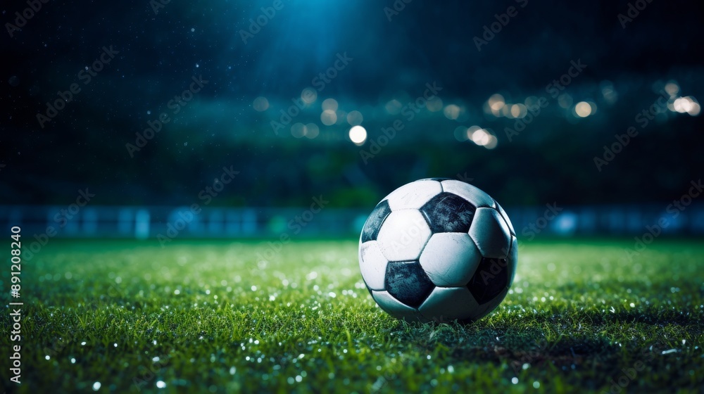 Naklejka premium A soccer ball on a grassy field under bright stadium lights, representing a night game atmosphere. Perfect for sports-related content.