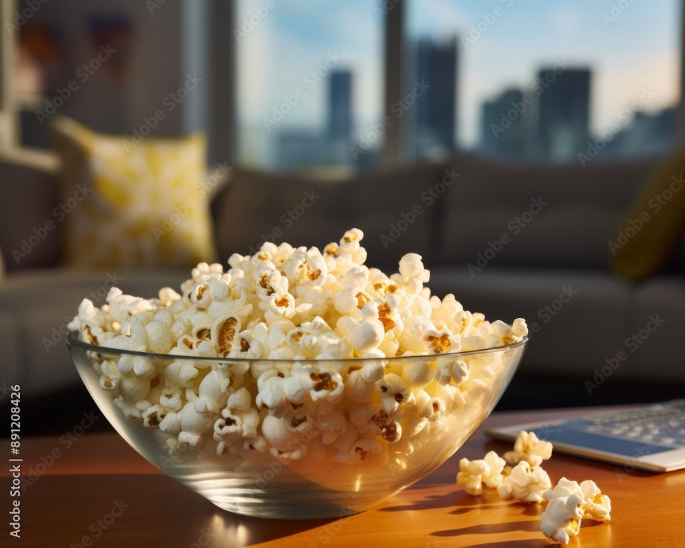 A glass bowl filled with popcorn on a wooden table in a cozy living room with a cityscape view through the window. A glass bowl filled with popcorn on a wooden table in a cozy living room with a cityscape view through the window.