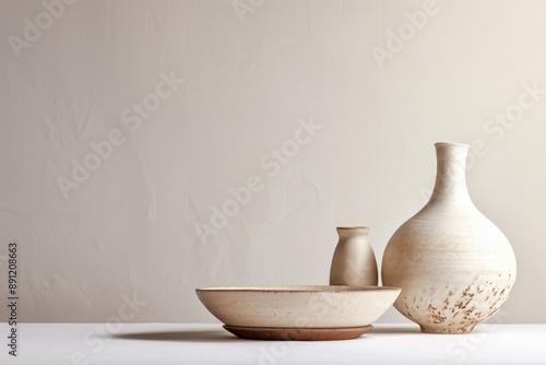 A minimal off-white dish pottery porcelain vase. photo