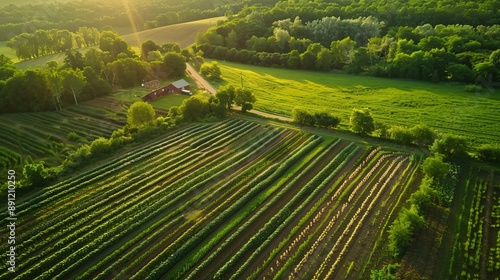 A thriving farm using sustainable practices, such as crop rotation and organic farming, to protect the environment