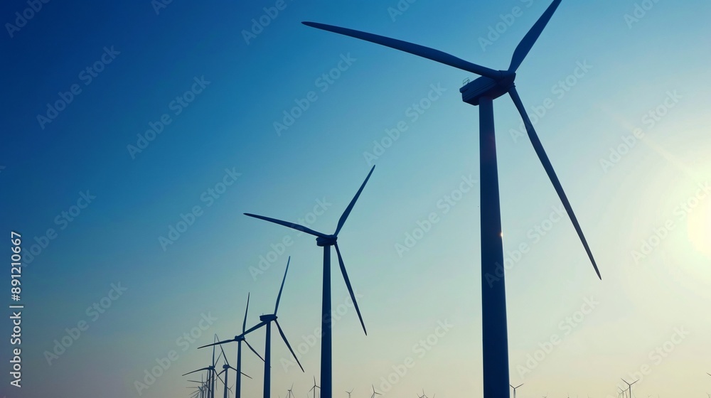 A wind farm with numerous wind turbines set against a clear blue sky, representing the shift to renewable energy sources A wind farm with numerous wind turbines set against a clear blue sky, representing the shift to renewable energy sources