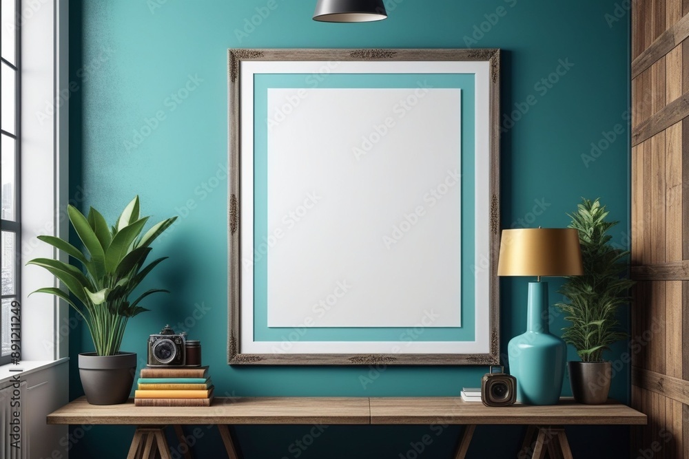 A blank photo frame on a painted wall for mockup design A blank photo frame on a painted wall for mockup design