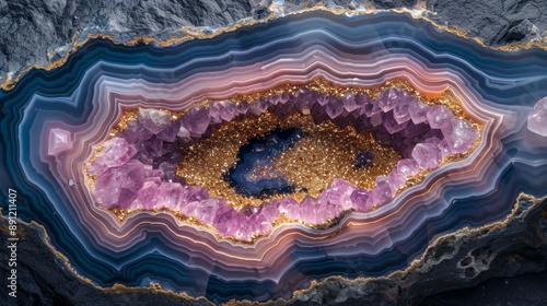 Vibrant Macro Close-Up of Pink, Purple, and Gold Geode Crystal Gemstone Mineral Rock Formation, Perfect Background Image for Healing and Meditation Spaces