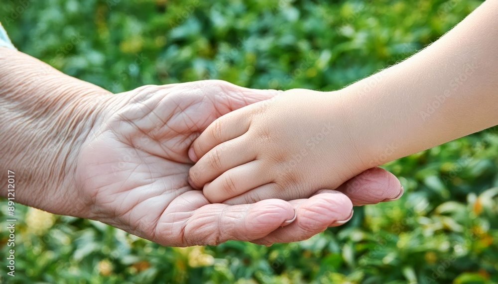 Elderly hand holding Young Toddler Hand - Difference between Generations - Aging Society of Old People not Catching up, Little Child comforting Elder - Youth Supporting aging Demographic, Grandchilden Elderly hand holding Young Toddler Hand - Difference between Generations - Aging Society of Old People not Catching up, Little Child comforting Elder - Youth Supporting aging Demographic, Grandchilden