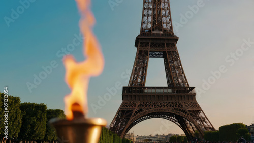 A lit torch is next to the Eiffel Tower photo