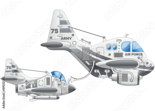 Refueling military aircraft in the air. Side view. Isolated on white background. Vector illustration.