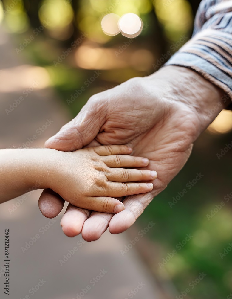 Elderly hand holding Young Toddler Hand - Difference between Generations - Aging Society of Old People not Catching up, Little Child comforting Elder - Youth Supporting aging Demographic, Grandchilden