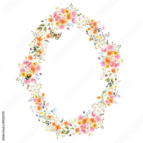 Watercolor hand draw floral wreath with meadow flowers, grass, herbs, summer composition for wedding invitation, bumblebee, butterfly and dragonfly, isolated on white background