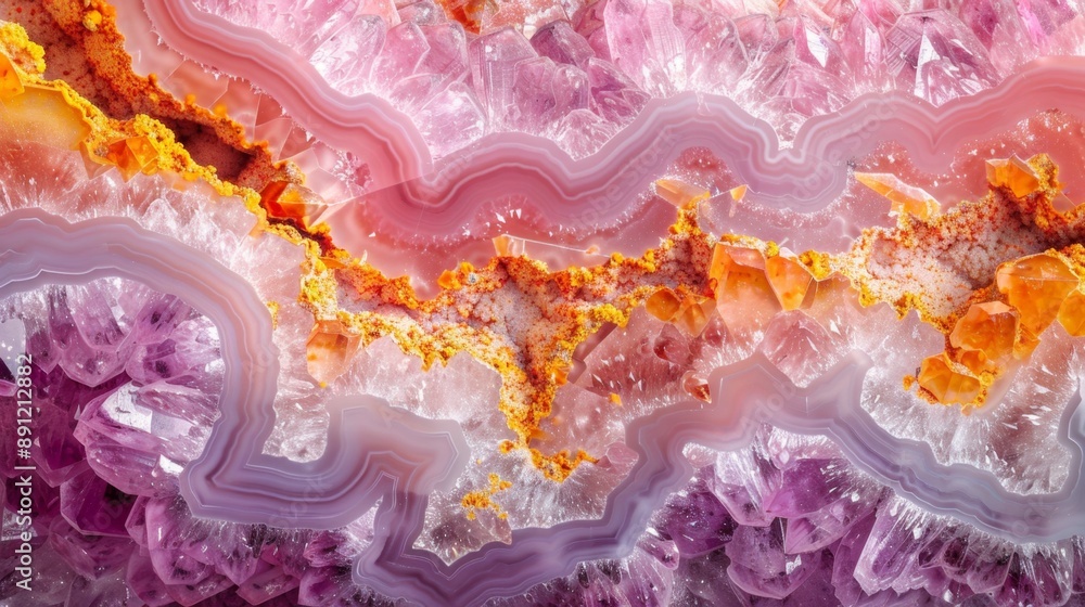 Vibrant Macro Close-Up of Pink, Purple, and Gold Natural Geode Crystal Gemstone Mineral Rock Formation - Beautiful Amethyst, Rose Quartz, and Agate Background Image Vibrant Macro Close-Up of Pink, Purple, and Gold Natural Geode Crystal Gemstone Mineral Rock Formation - Beautiful Amethyst, Rose Quartz, and Agate Background Image
