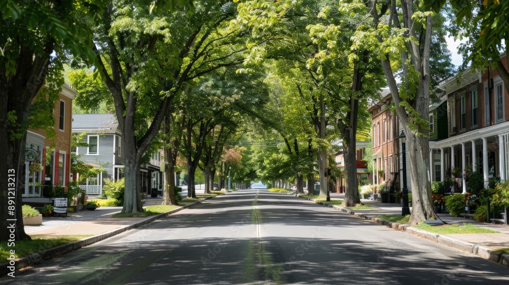 Tree-lined street in a picturesque small town Tree-lined street in a picturesque small town