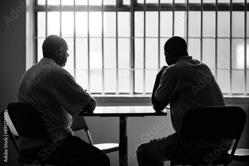 A prison inmate meeting with their defense attorney in a visiting room, discussing legal strategy and next steps.