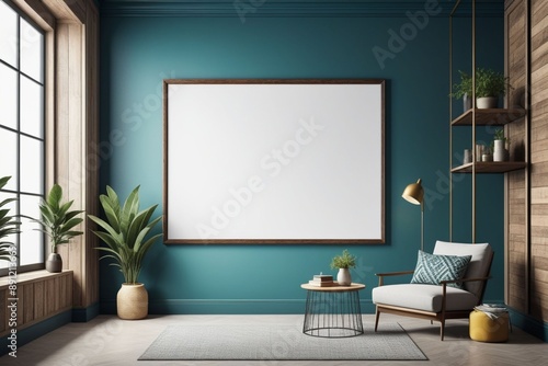 A blank photo frame on a painted wall for mockup design