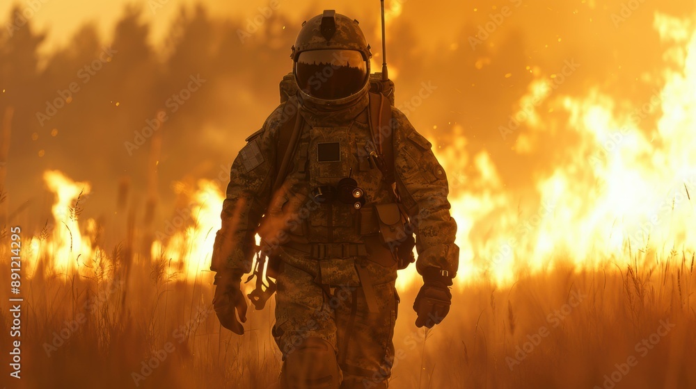 A soldier walking through a field of fire with an orange glow. AI. A soldier walking through a field of fire with an orange glow. AI.