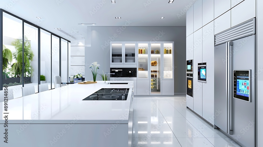 Modern high tech kitchen design featuring smart appliances like a touchscreen oven and induction cooktop with white countertops and stainless steel accents illuminated by natural light Modern high tech kitchen design featuring smart appliances like a touchscreen oven and induction cooktop with white countertops and stainless steel accents illuminated by natural light