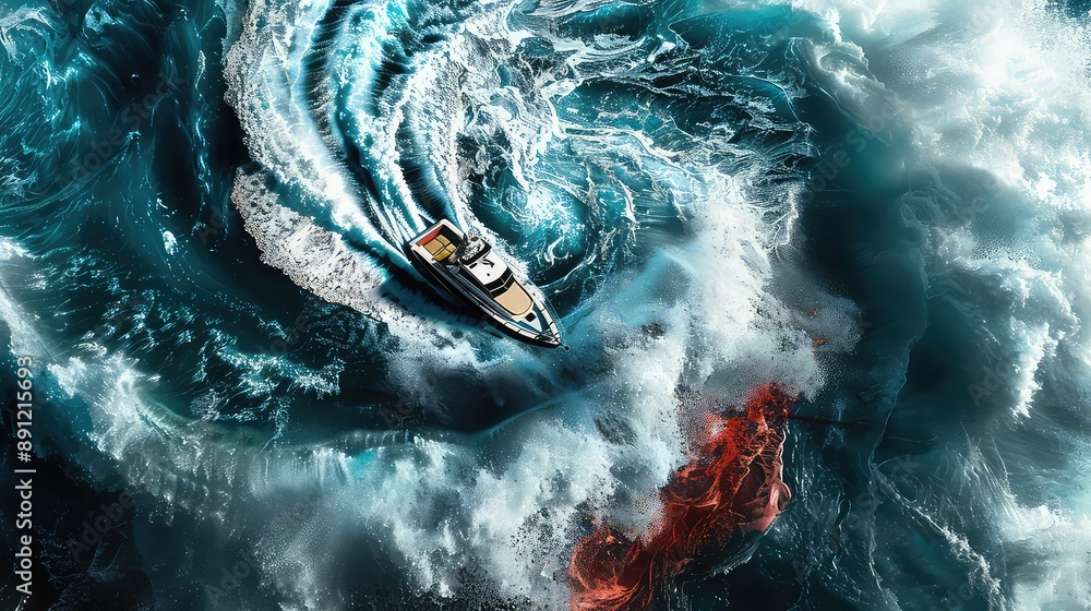 Animation Boat navigating turbulent ocean waters in dynamic aerial ...