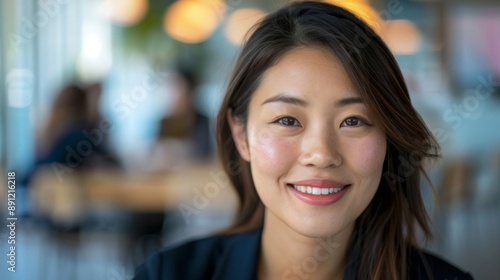 Smiling woman portrait, professional look. Confident woman with dark hair and a warm smile, looking directly at the camera. She is wearing a dark suit jacket and is in a professional setting.