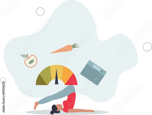 Woman and obese chart scales.Cartoon person on diet trying weight control with BMI.flat design.illustration with people.