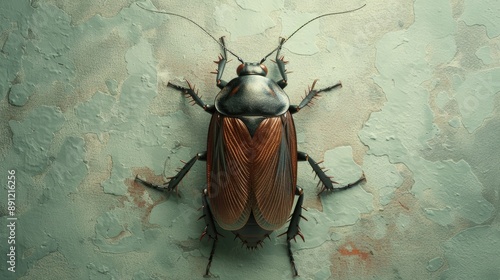 Large cockroach with mustache caught at random froze on relief light wall