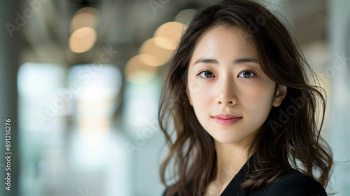 Wallpaper Mural Confident woman portrait with casual style. A professional, confident woman with long dark hair and a stylish outfit,  looking directly at the camera with a soft, friendly expression. Torontodigital.ca