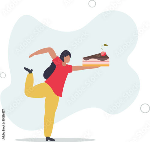 Unhealthy food nutrition. Weight loss diet, balanced healthy products.young woman with a piece of cake.flat design.illustration with people.