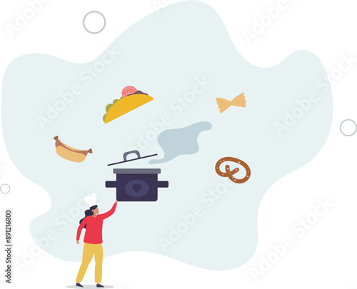 Ethnic dishes with multicultural meal preparation styles and ingredients.flat design.illustration with people.